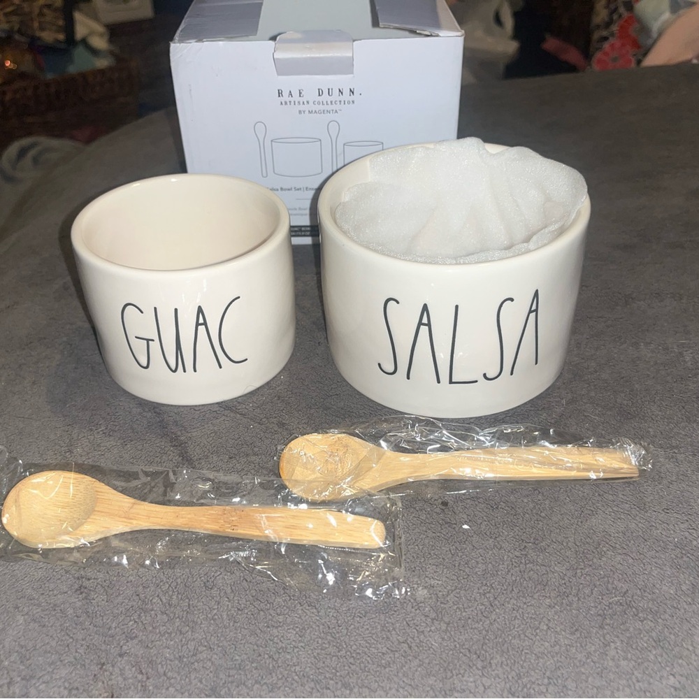 Rae Dunn Magenta Guac & Salsa Bowl Set with Bamboo Spoons